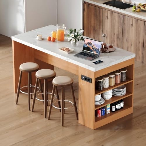 Merax Isla de cocina independiente con superficie de trabajo de 40 mm, isla de cocina con LED, aspecto de mármol, enchufe, 3 estantes abiertos, mesa de bar moderna para cocina y comedor, 155 x 80 x 90