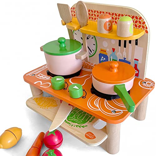 Cucina in legno Set - portatile, 19 pezzi compreso utensili, pentole con coperchi, orologio e condimenti. Gioco di imitazione, Cucina giocattolo in legno con accessori inclusi