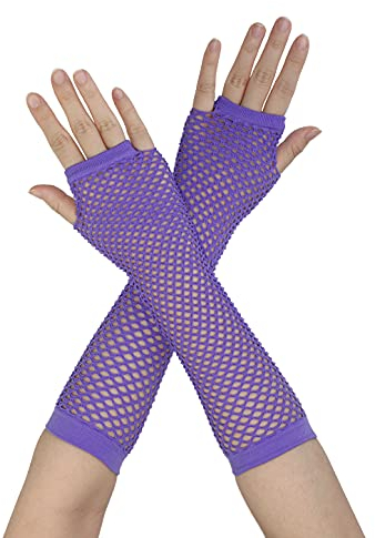 sourcing map Frau Ellenbogenlänge Elastische Netzstrumpfhose Fingerlose Armstulpen Handschuhe Paar Lila One Size