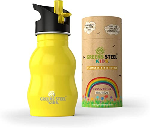 Gourde Enfant Inox 350 ml - Jaune I Bouchon Anti-Fuite avec Paille et Poignée pour Enfants I Gourde Anti Fuite Enfant avec Paille I Bouteille d’Eau Inox Écologique I Idéal Boîte à Lunch ou Cadeau