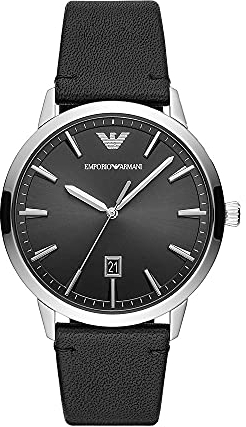 Emporio Armani Uhr für Herren , DreizeigerDatumswerk, 43mm Silbernes Edelstahlgehäuse mit Lederarmband, AR11193, Grau