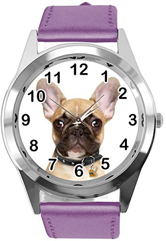 TAPORT® Armbanduhr Analog Quarz mit Echtlederband Violett rund für Fans der französischen Bulldogge, violett, Armband