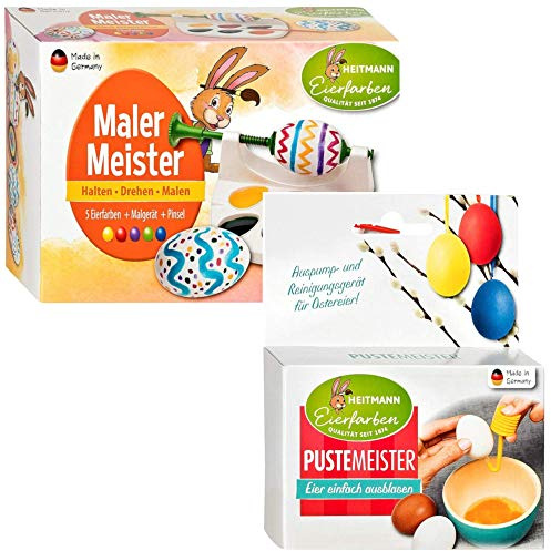 HEITMANN Malgerät - Mal mit Mir! - Ostereier-Malmaschine - 6 flüssige Eierfarben (Malgerät + Pustemeister)