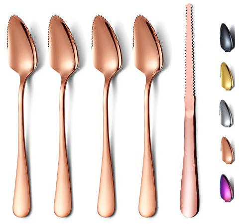 Set 5 Cucchiai Per Pompelmo In Oro Rosa, 4 Cucchiai Per Pompelmo In Acciaio Inossidabile e 1 Coltello Per pompelmo Con Placcatura in Titanio,Set di Utensili Per Pompelmo,Cucchiaio Con Bordi Seghettati