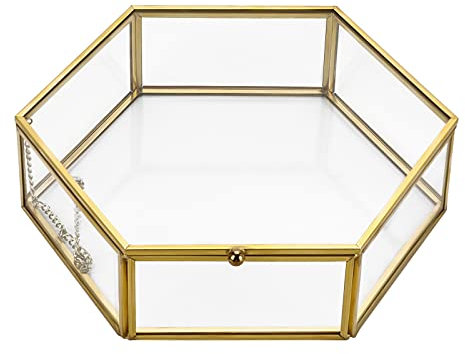 Hipiwe Goldfarbene Glas-Box, Schmuckschatulle, sechseckig, groß, Schmuck-Organizer, Vintage-Hochzeitskartenbox, Andenken-Geschenkbox, dekorative Box, Schmuckkästchen, Ohrringe, Halskettenaufbewahrung