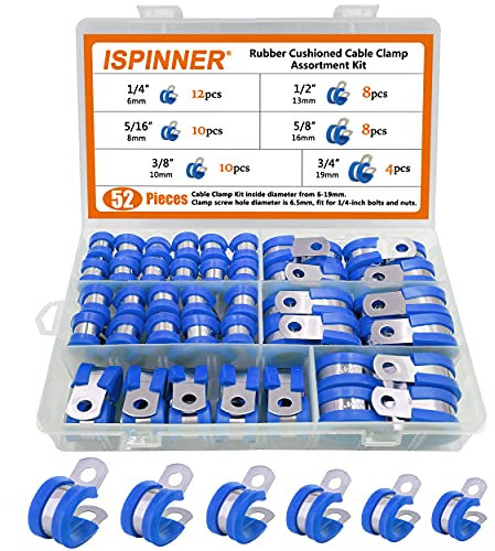 ISPINNER Assortiment de 52 colliers de serrage en acier inoxydable 304 - 6 tailles : 6,35 mm, 8,9 mm, 9,5 mm, 1,27 cm, 1,6 cm, 1,27 cm, 1,6 cm, 1,9 cm (bleu)