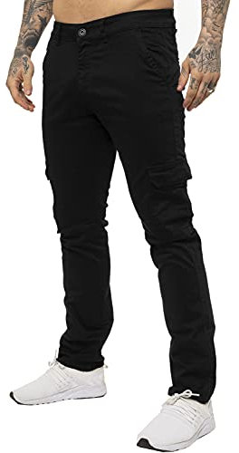 Enzo Jeans Mens Cargo Combat Trousers Chinos Slim Fit Cotton Stretch Work Pants (38W / 32L, Black)