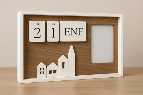 ROCKING GIFTS Ewiger Kalender aus Holz, Häuser mit Bilderrahmen, 37 x 23 cm