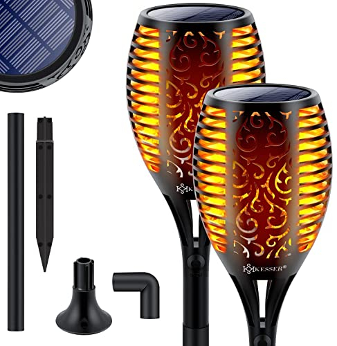 KESSER® Gartenfackel Solar 2er Set Solarleuchten 96 LEDs Flamme mit Wandhalterung + Erdspieß Licht-Sensor Wetterfest Garten Solarleuchte Fackel Lichter LED Gartenlampe Solarlampe Flammenlicht