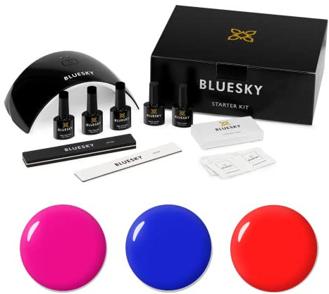 Bluesky Gel Nail Polish Starter Kit - Neon Colors with LED Lamp, 3 Gel Polishes, Cleanser, Base & Top Coats, Nail File & Buffer
