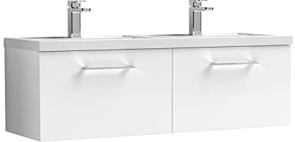 nuie ARN122C Arno Modern Bathroom Wall Hung 2 Drawer Double Vanity Unit with Twin Polymarble Basin, 1200mm, Gloss White