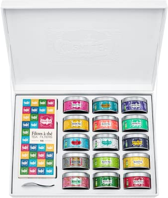 Kusmi Tea - La Collection Coffret Cadeau - 15 Recettes Emblématiques + 100 Filtres à Thé + Cuillère à Thé - Thés Noirs, Verts, Blancs et Tisanes Bio - Idée cadeau fête des mères - 15 boîtes de 25g