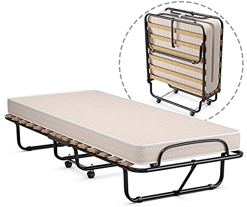COSTWAY Cama Plegable 80 x 190 cm, 4 Ruedas, Cama Supletoria Plegable con Colchón de Espuma Viscoelástica de 10 cm, Marco Metálico, Cama Individual Portátil para Camping Hogar