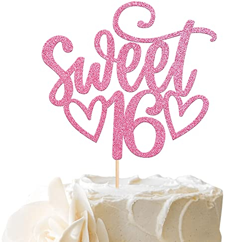 SYKYCTCY 1 Pack Sweet Teenager 16 Cake Topper Glitter 16th Birthday Cake Pick for Cheers to 16 Years Old 16th Birthday Party Cake Decorations Supplies Pink