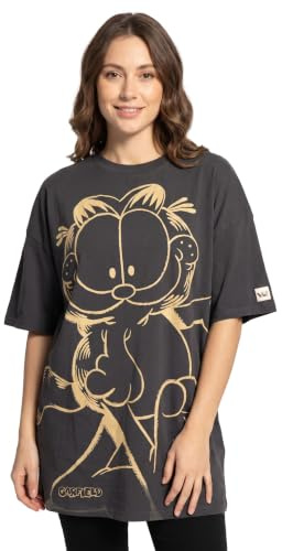 Garfield Womens T-Shirt Dress | Charcoal Grey & Orange Classic Oversized Graphic Tee | Ladies Cartoon Lazy Tabby Cat Outfit | Cute Fashionable Movie Merchandise Gift Top for Adults