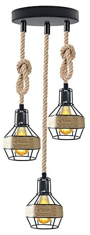 DC VOLTAGE 3 Light Rope Pendant Ceiling Light Industrial Metal 16 cm Cage Shade with E27 Holders, 95 cm Adjustable Cable Rustic Hanging Light Fixture for Dining Room, Kitchen, Bar
