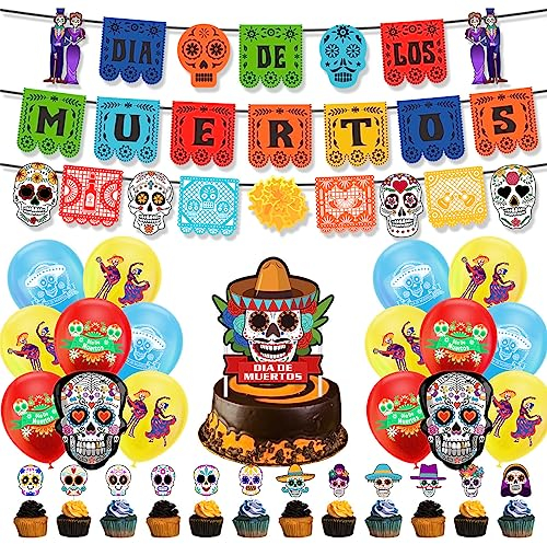 Day of The Dead Decorations Dia DE Los Muertos Banner Balloons Skull Garland Cake Toppers for Dia De Los Muertos Day of the Dead Halloween Party Decoration