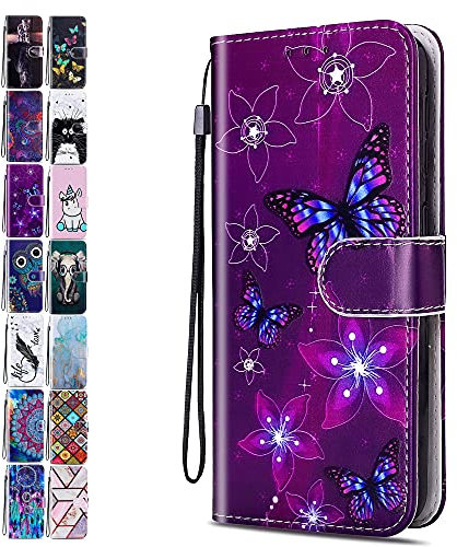 Leather Phone Case for iPhone 14 Pro 6.1 Pattern Design Flip Wallet Cover with Card Slots Holder for Girls Boys - Purple Butterfly