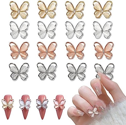 Butterfly Nail Charms,20PCS Zircon Gold Silver Butterfly Nail Gems,Metal Alloy Butterfly Nail Art Charms Nail Jewelry for Manicure Design Decoration DIY Crafts