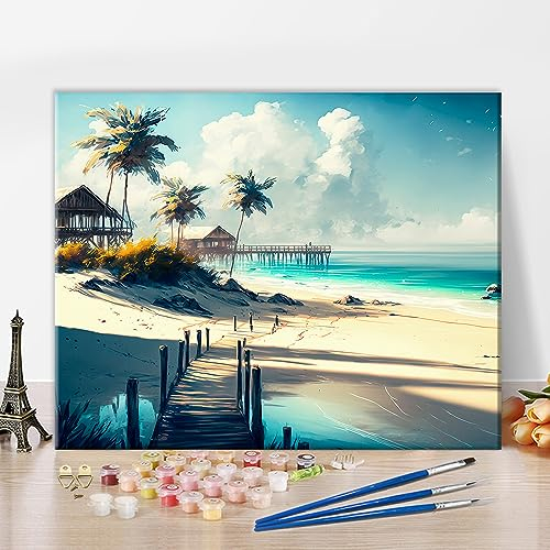 TISHIRON Malen nach Zahlen Erwachsene Strand Erwachsene Malen nach Zahlen Kits mit Pinsel und Acrylpigment Meer Landschaft Öl Hand Malerei Kunsthandwerk für Zuhause 40 x 50 cm(rahmenlos)