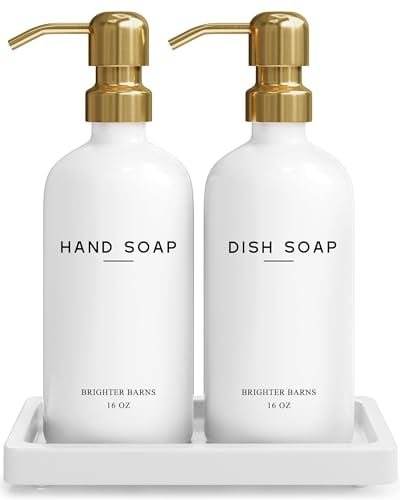 Luxury Glass Hand and Dish Soap Dispenser Set by Brighter Barns - White and Gold Kitchen Accessories & Decor (Gold) with Tray for Sink