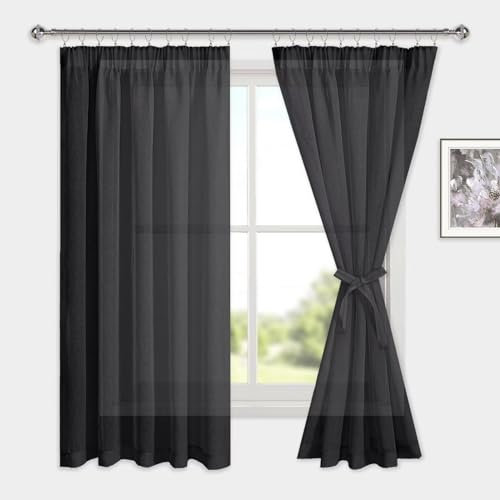 DWCN Voile Gardinen mit Kräuselband Vorhänge Leinenoptik 2 Stücke Gardine Weiß Wohnzimmer, Durchsichtige Gardinen, Schwarz,175x140cm (Höhe x Breite)