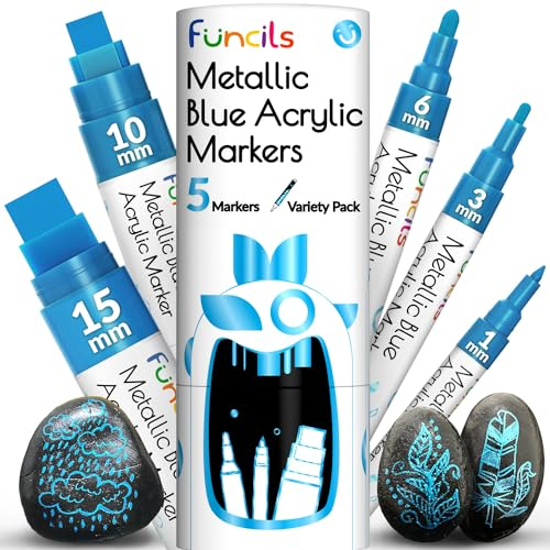 5 Metallic Acrylic Paint Pen - Extra Fine Tip, Thin & Jumbo (1mm, 3mm, 6mm, 10mm, 15mm) - Permanent Blue Markers for Metal, Fabric, Plastic, Canvas, Wood, Rock, Glass