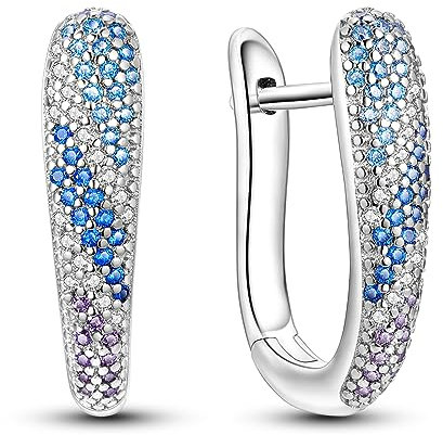 Creolen aus 925er-Sterlingsilber für Damen und Mädchen hypoallergene Huggie-Ohrringe mit Platin-Zirkonia Diamant-Schmuck ideal als Geschenk (blaue geschlossene französische Ohrringe)