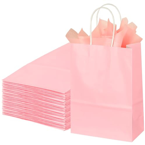 BLEWINDZ Kleine Papier-Geschenktüten mit Seidenpapier, rosa Partytüten mit Griffen, 22,1 cm, für Geburtstag, Shopping, Partyzubehör, 32 Stück