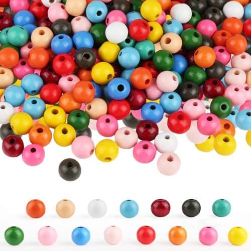 300 Stück Holzperlen Bunt, 12mm Holzkugeln mit Loch zum Auffädeln für DIY Armbänder Schmuck Halsketten Kinder Anhänger