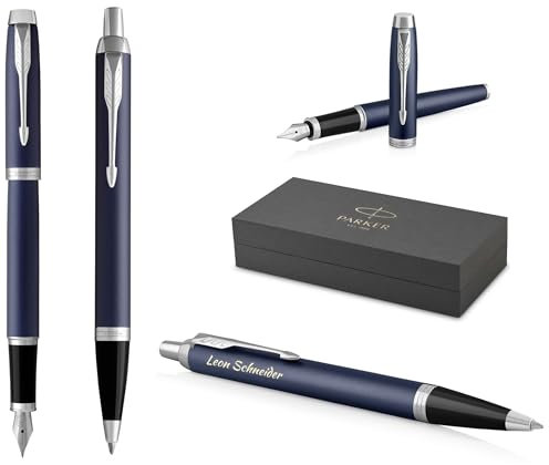 PARKER IM Core Füllfederhalter und Kugelschreiber mit Gravur | Premium Stift | Geschenkbox | schwarze Mine | personalisiertes Geschenk | Namen | graviert | Geburtstag (Matte Blue C.C.)