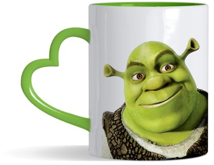 Cartoon Character Mug - Funny Shrek 11 oz Coloured Heart Handle Ceramic Coffee Mug. (Green Heart Handle)