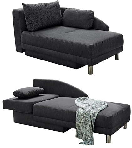 Stilvolle Recamiere mit Federkernpolsterung, Schlaffunktion, Bettkasten, 149 cm breit x 90 cm tief, ausziehbar zur Liegefläche von 200 x 84 cm, Stoff Flachgewebe in Anthrazit / 15121