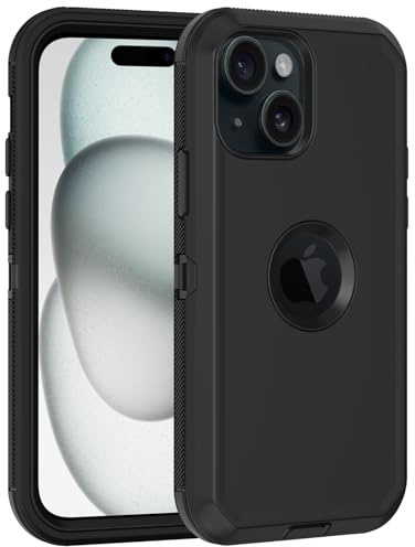 for iPhone 15 Case, with Built in Screen Protector Heavy Duty Drop Protection,Full Body 3 Layer Rugged Shockproof Dust Proof Tough Protective Phone Cover for Apple iPhone 15 Black