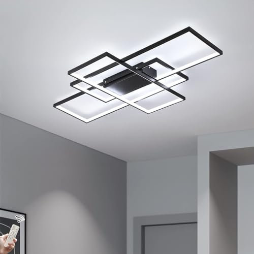 JIINOO Dimmbare Deckenleuchte, 110cm Bündig Montierte Deckenleuchte Fernbedienung Moderner Kronleuchter, 70W Quadratisches Acryl in der Nähe der Deckenleuchte für Schlafzimmer Wohnzimmer, Schwarz