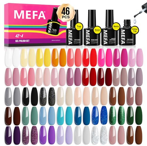 MEFA 46Pcs Gel Nail Polish Kit, 42 Colors All Seasons Gel Polish Set Nude Macaron Colorful Starter Kit with Gel Base Coat & Glitter/Glossy/Matte Top Coat Gel Nail Art Manicure DIY Salon Gifts
