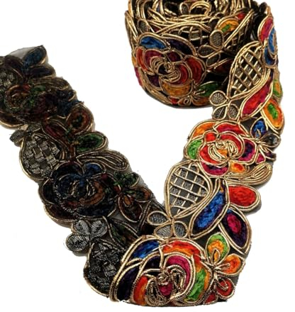 Yurosiay Blumen Besticktes Band 8cm Breite Jacquard Band Vintage Ethnischer Stickerei Spitzenborte Bunt Blumen Goldranke Spitzenbordüre Spitzenband zum nähen Gewebte Borte für DIY Nähen 2 Yard