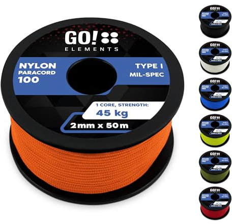GO!elements 50m Paracord 2mm in Corda di Nylon antistrappo - Corda di Sopravvivenza Paracord 100 Tipo I - antistrappo e caricabile Fino a 45kg, Colore: Arancia