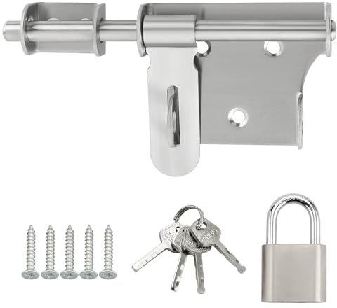 SAYAYO Gate Lock Garden Gate Bolt with Padlock & 4 Keys Gate Latch for Wooden Gates Shed Locks, 6-Inch Stainless Steel Brushed Nickel, EMS350LS-SET