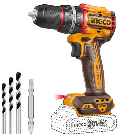INGCO 20V Cordless Hammer Drill (Body Only), Compact Impact Drill 66NM, Brushless Motor, Variable Speed Control, 22+1+1 Torque Setting with LED Work Light CIDLI206681