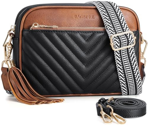 Bagsure Umhängetasche Damen – Crossbody Bags für Frauen mit 2 Verstellbaren, Abnehmbaren Breiten Gurten, Leichte Damen Schultertasche aus Leder, Gestepptes Design