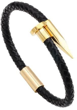 Bracciale Pelle Uomo,Bracciale In Pelle Da Uomo Monostrato In Corda Di Pelle Intrecciata con Chiodo Bracciale In Pelle Intrecciata con Testa Di Chiodo Semplice Personalizzato Gioielli Da Uomo Oro 23