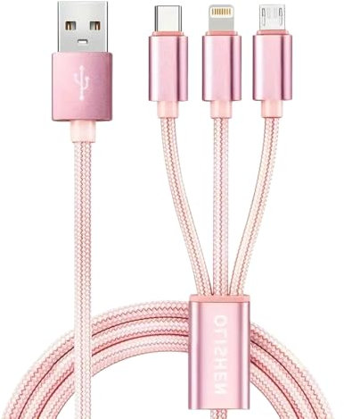 3m Multi USB 3.5A Strong Nylon Braided Fast Charge Universal 3-in-1 Charging Cable/Charger, Type-C USB C/MicroUSB/IP Port, for Mobile Phone/Tablets/Samsung etc. Pink Rose Gold (3 Metre)