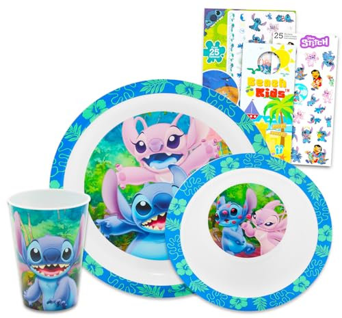 Disney Stitch – Service de table Lilo et Stitch pour enfants, tout-petits – Ensemble d'accessoires de cuisine 3 pièces avec assiette, tasse avec couvercle et paille, autocollants, plus encore