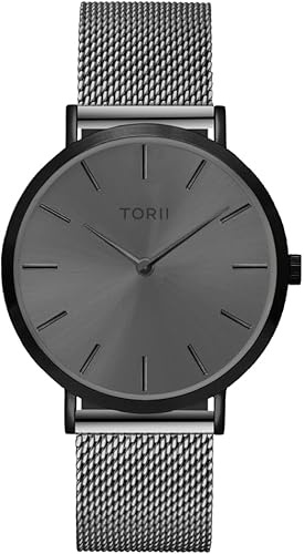 TORII Damenuhr Grau Edelstahl - rund Quarz B38SM.AB Milanaise-Armband Strichindizes wasserdicht 50 m