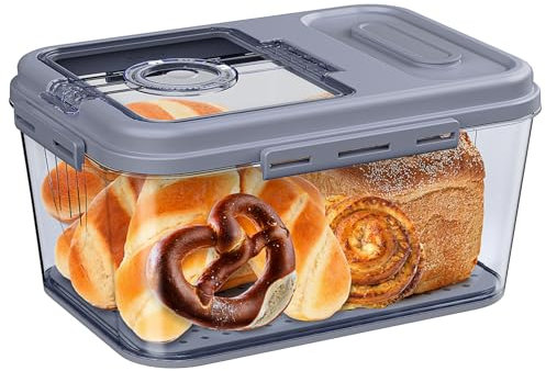 Gifhomfix Bread Bin Airtight Bread Container for Homemade, Clear Bread Bins Storage for Kitchen Countertop, Time Recording Bread Holder, Bread Keeper with Lid for Toast,Bagel,Donut and Cookies,Grey,S