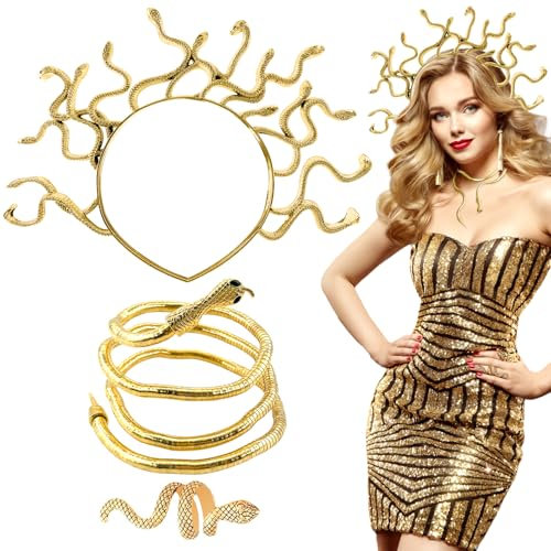GreenYeah Medu-sa Schlangen Kopfschmuck, Schlangen Haarreif, Schlangen Halskette, Schlangenring, Schlangen Kopfschmuck Kostüm, Karneval Party Altgriechische Mythologie Kostüm Cosplay Zubehör