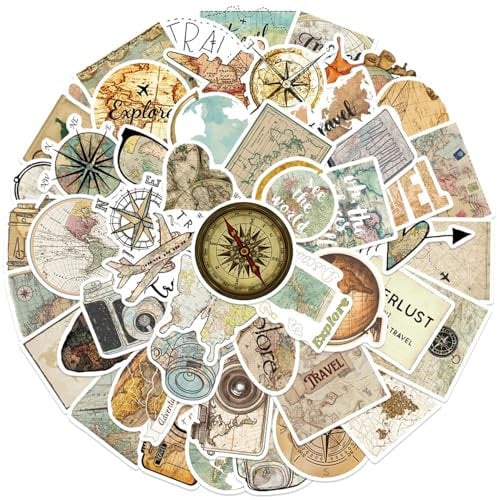 50 PCS Travel Map Stickers, Retro Travel Stickers Country City Landmarks Stickers, City Travel Stickers, for Water Bottle Laptop Luggage Scrapbooking Journals Suitcase Guitar Skateboard