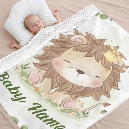 Babydecke mit Namen Personalisiert,Löwen Muster Flauschige Warme doppelseitig Minky Kuscheldecke,Geschenk Baby Taufe Geburt Mädchen Junge für Kinderdecke Namensdecke Krabbeldecke