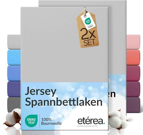 etérea Jersey 2er Set Spannbettlaken 100x200cm - 120x200cm Silber bis 25 cm Höhe - 100% Baumwolle Spannbetttuch Oekotex - Doppelpack Bettlaken 100x200 cm - 120x200 cm - Silver